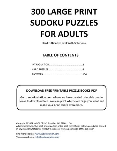 300 Large Print Sudoku Puzzles. Hard. (PDF)