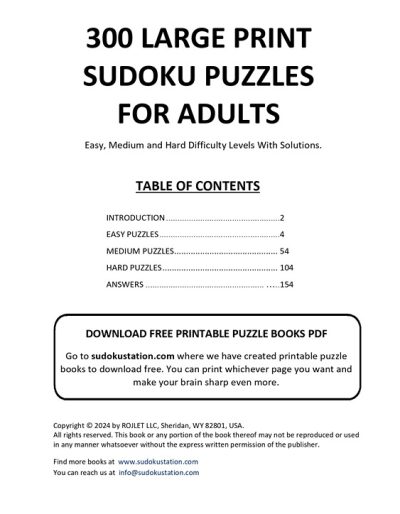300 Large Print Sudoku Puzzles. Easy, Medium, Hard. (PDF)